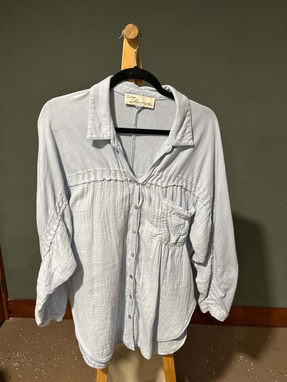 Vintage Havana Gauzey Raw Edge Button Down Shirt Blue